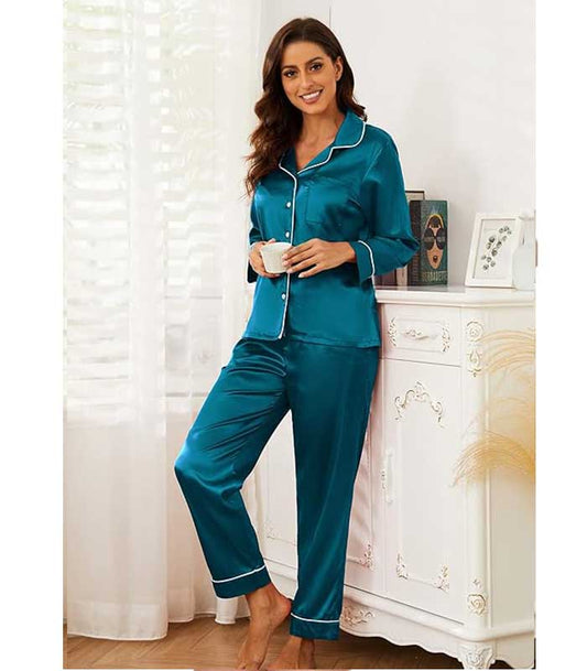 Blue Green Silk Night Wear Full Sleave